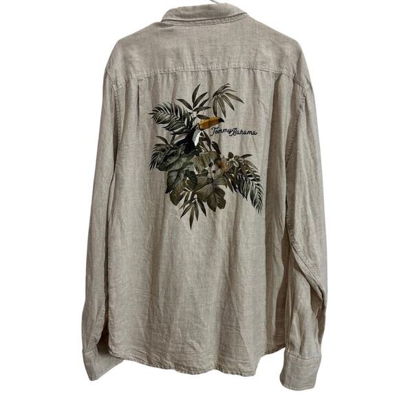 Tommy Bahama Men L Beige 100% Linen Toucan Tropical Print Long Sleeve Shirt - Picture 1 of 11